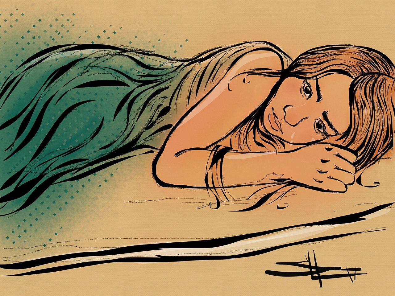 desenho de uma mulher deitada na cama chorando muito de tristeza