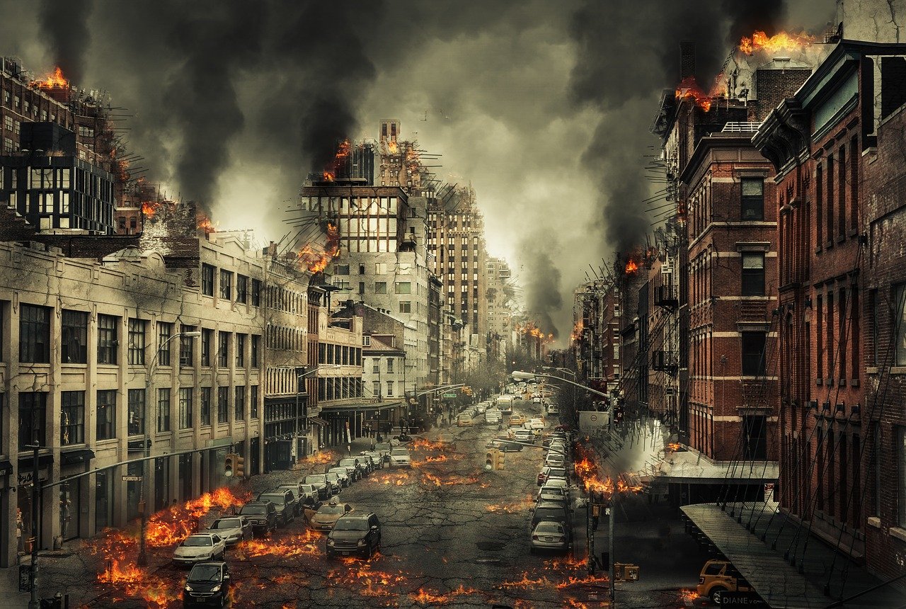 imagem de destruição em uma cidade, fogo e demolição representando o apocalipse